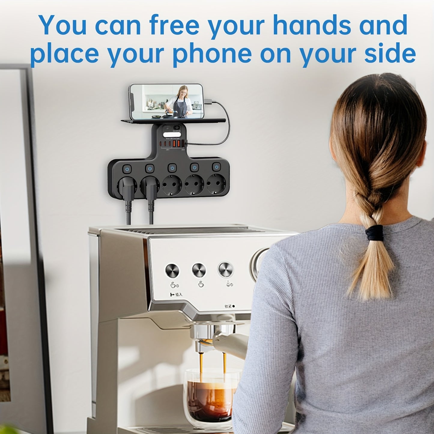 European 5-Pin Socket Extension with 3 USB-A and 3 USB-C Ports, Overload Protection, Smart Light Sensor, 4000W, 16A, Ideal for Home, Outdoor, and Office Use, Outdoor Power Supply, Modern Power Outlet, Durable Power Outlet