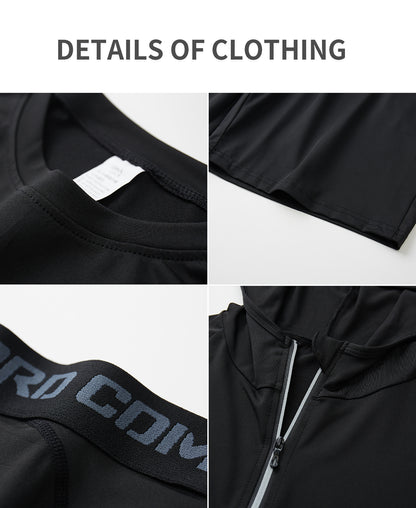 Xinso Prince 5pcs Men's Zip Up Hooded Jacket & Compression T-shirt & Long Sleeve Workout Top & Shorts & Leggings For Fitness