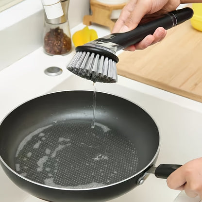 Conjunto de 7 peças de escova de cozinha multifuncional com 6 bolas e dispensador de sabão. Escova de cabo longo não elétrica para panelas, taças e utensílios. Design fácil de usar, recarregável e eficiente.