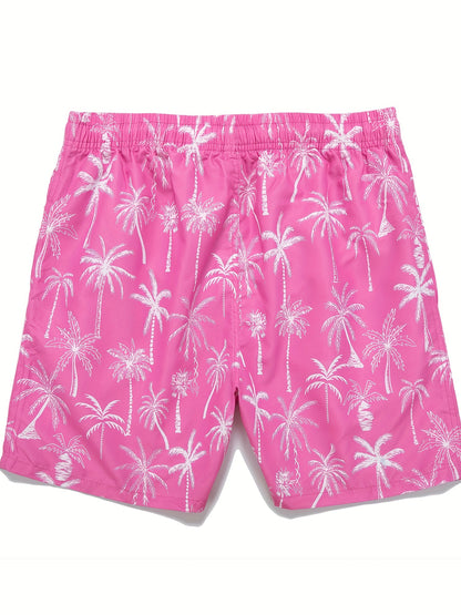 Men's Quick Dry Hawaiian Board Shorts With Pockets, Casual Coconut Tree Graphic Drawstring Swim Trunks For Summer Vacation Beach Pool Outdoor