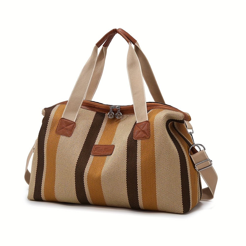 HUOHUO Women's Large Capacity Retro Striped Travel Handbag & Carry-On Luggage - Lightweight Nylon Suitcase with Adjustable Strap, Golden-Tone Hardware, Zipper Closure & Lining - Casual & Formal Use for Airplane, Train, Car Tr