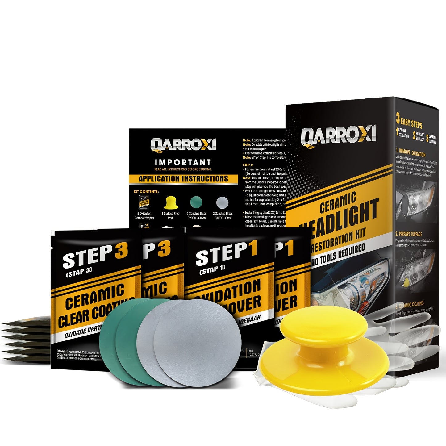 QARROXI Cefor ramic Headlight Restoration Kit, 3-Step DIY Headlight Renewal, UV Blocking Clear Coat, Enhanced Light Output & Beam Precision, Durable Fabric Material, with Compatible Multiple Models for Uncharged