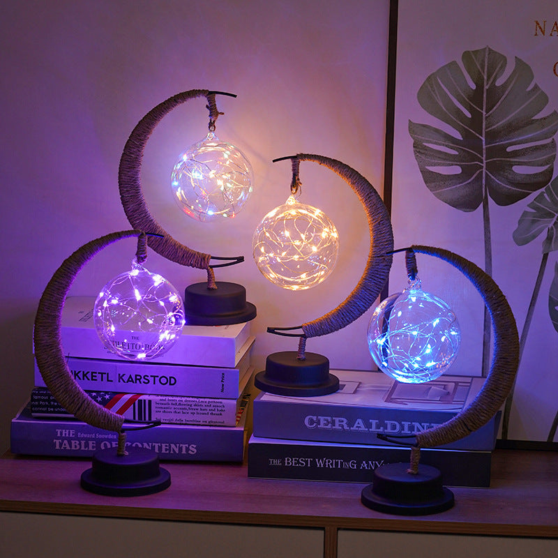 Candeeiro LED em forma de bola, candeeiro de lua em ferro forjado, candeeiro de mesa decorativo em plástico e ferro, candeeiro decorativo para quarto (pilhas não incluídas), decoração de Halloween e Natal para hotéis/restaurantes/eventos.