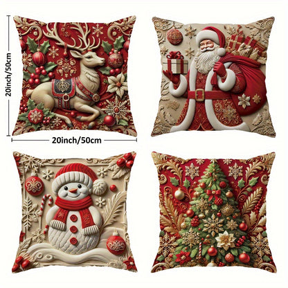 4pcs Festive Velvet Throw Pillow Covers, Christmas Santa, Reindeer, Snowman, and Tree Designs, Soft Comfortable Cushion Cases for Home Sofa and Bed Decor, Contemporary Style, Zippered Linen Fabric, Machine Washable