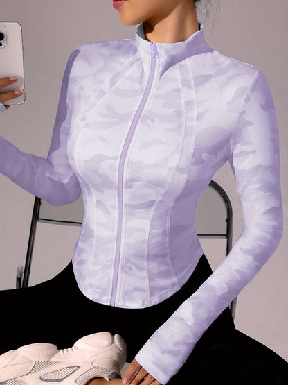 Zip-Up Stand Collar Sports Jacket, Half-Finger Long Sleeve Top with Camouflage Print, Suitable for Outdoor Fitness, Hiking, Golf, Tennis, Badminton, Bowling, Daily Walks and Shopping, Gym/Home Workout, Meditation, Versatile,