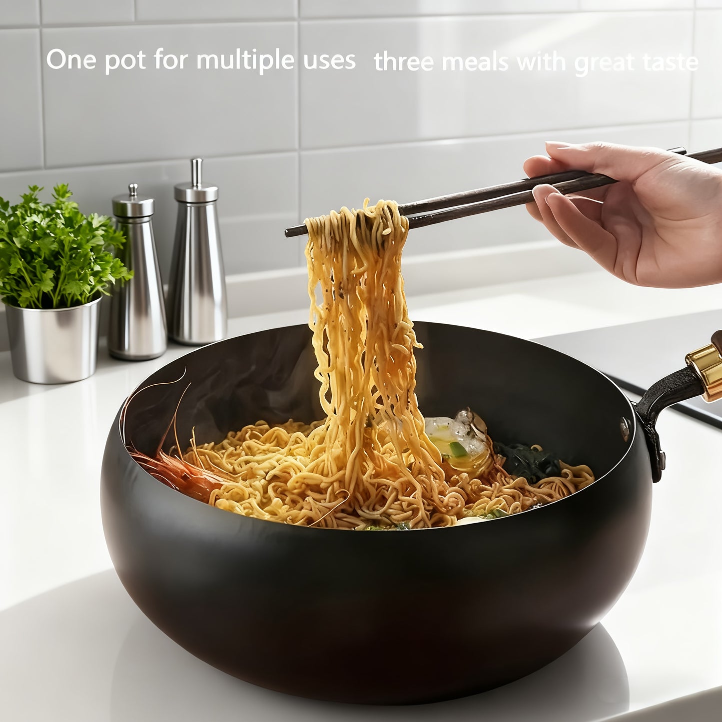 Hand-Forged Large Bellied Iron Wok - Non-Stick Deep Round Frying Pan with Wooden Handle, Heavy-Duty Cast Iron Cookware for Stir-Frying, Braising, Braising Pot, Traditional Cooking Pot, Durable Cooking Pot