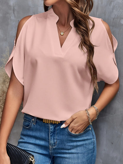 Solid Notched Neck Simple Blouse, Elegant Split Sleeve Blouse For Spring & Summer, Women's Clothing