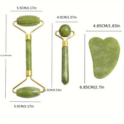 Kit de cuidados faciais luxuoso com 5 peças - Rolo de gelo e jade rejuvenescedor, ferramenta Gua Sha, escova de silicone macia para pele radiante, massagem para os olhos e relaxamento - Sem fragrância, sem bateria, fácil de usar e portátil