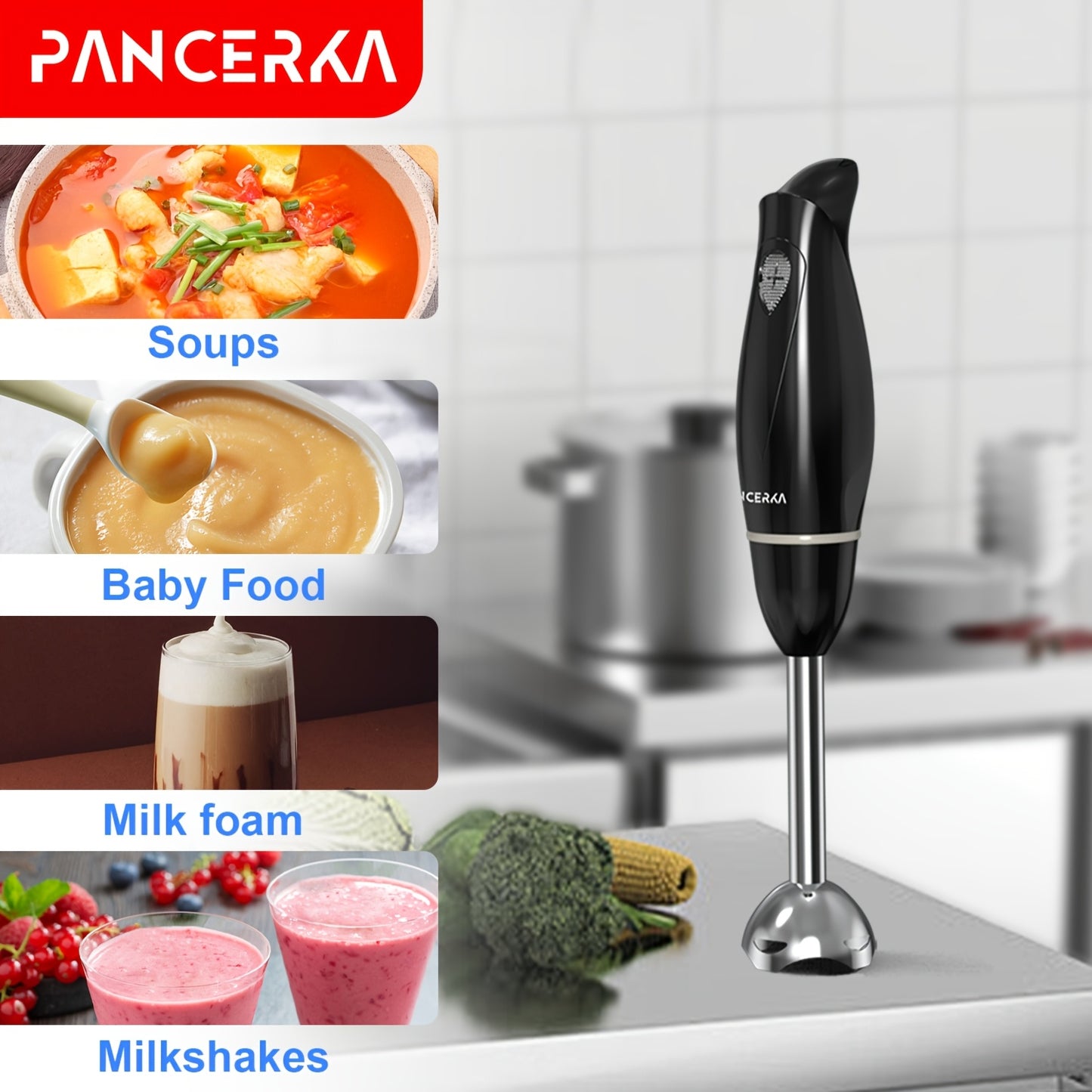 PANCERKA 1 Set PANCERKA 100 Watt Immersion Multi-Purpose Hand Blender with a Heavy-Duty Copper Motor, Brushed 304 Stainless Steel, And Attachments for Whisking And Frothing Milk, Featuring Stainless Steel Blades Suitable for