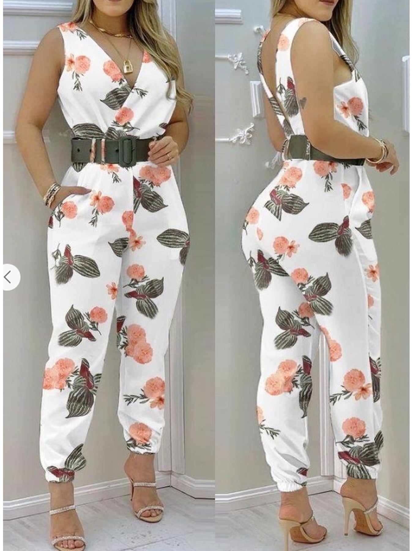 Macacão de senhora estilo jogger com estampado floral, elegante para o verão, 100% poliéster, comprimento cropped, cintura elástica cintada, decote cruzado, corte regular, tecido plano sem elasticidade, ideal para looks casuais de fim de semana - 120g/m²