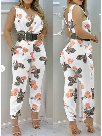 Macacão de senhora estilo jogger com estampado floral, elegante para o verão, 100% poliéster, comprimento cropped, cintura elástica cintada, decote cruzado, corte regular, tecido plano sem elasticidade, ideal para looks casuais de fim de semana - 120g/m²
