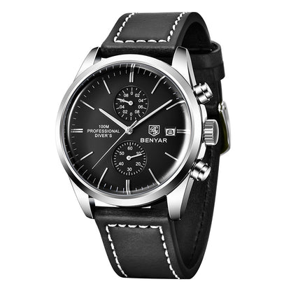 1pc New BENYAR Men's PU Leather Quartz Wristwatch, Men's 100M Multifunctional Watch Military Sports Chronograph Watch For Men