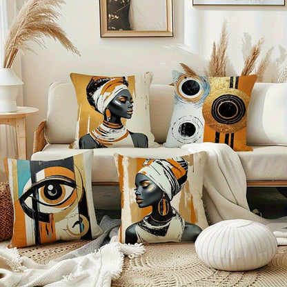 4pcs African Art Throw Pillow Covers Set - Stylish Home Decor with One-Sided Print, Square Polyester Cushion Covers, Modern Sofa Decorative Pillowcases