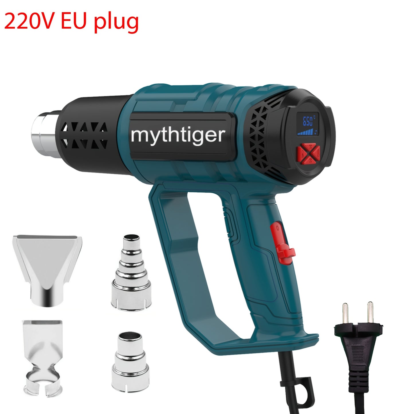 220V EU plug Newly Upgraded Heat Gun 60-650° Adjustable Blue Light LCD Display with 4 Nozzles, Adjustable Temperature and Blowing Volume, High Power Ideal for Shrink Wrap, Soften Paint, Bend Plastic Tubes, Loose Bolts, etc