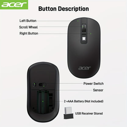 Rato sem fios ACER para computador, rato USB fino de 2,4 GHz com recetor USB, rato para portátil com 4 botões, portátil para portátil, desktop e PC, rato sem fios para portátil, rato ergonómico, rato sem fios USB para computador.