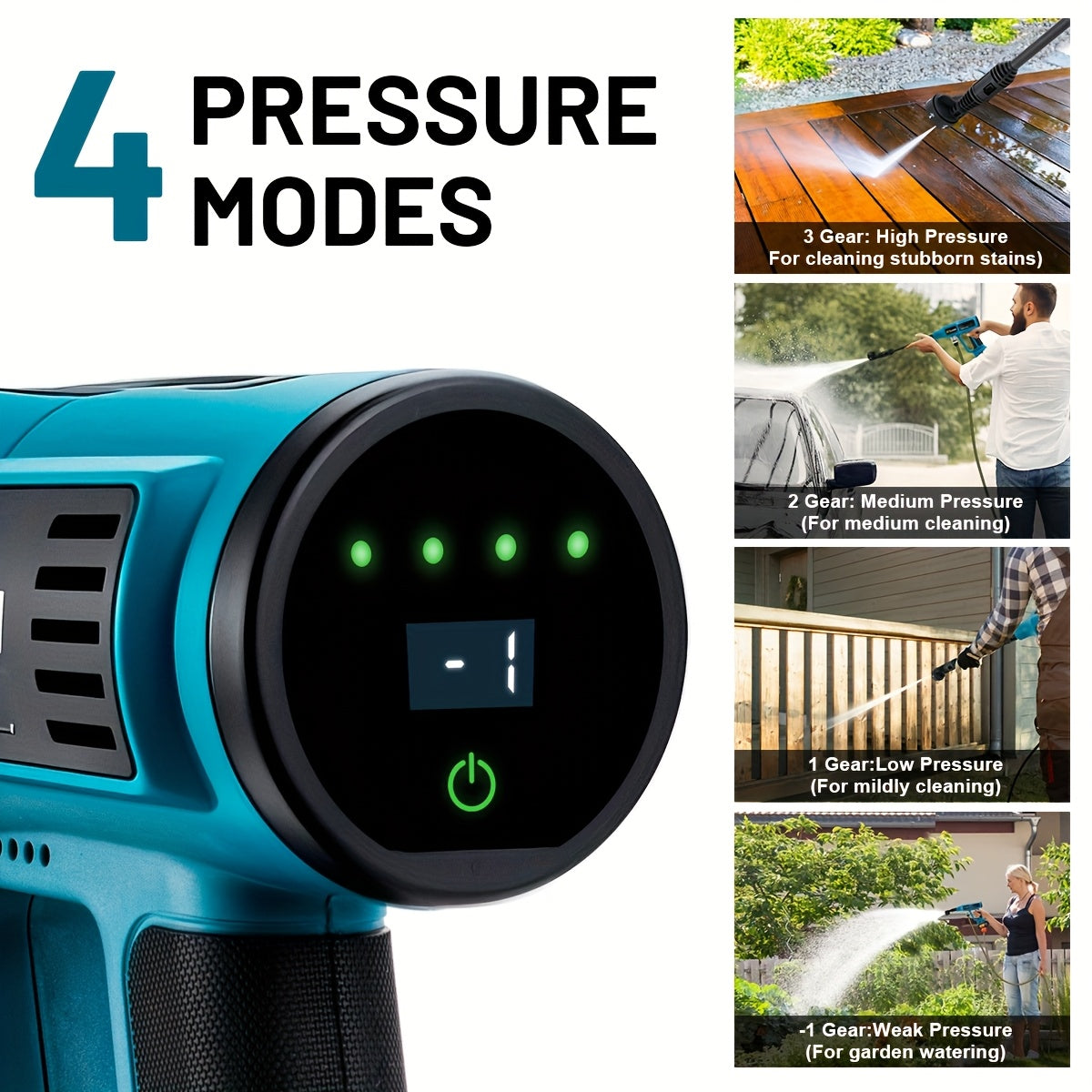 Gisam Cordless High-Pressure Car Washer Gun with Digital Touch Screen & 2 x 4000mAh - 6-in-1 Nozzles, 4-Speed Brushless Motor, Heavy-Duty Water Spray System for, Trucks, Motorcycles, Garden,, Driveway Cleaning (Portable)