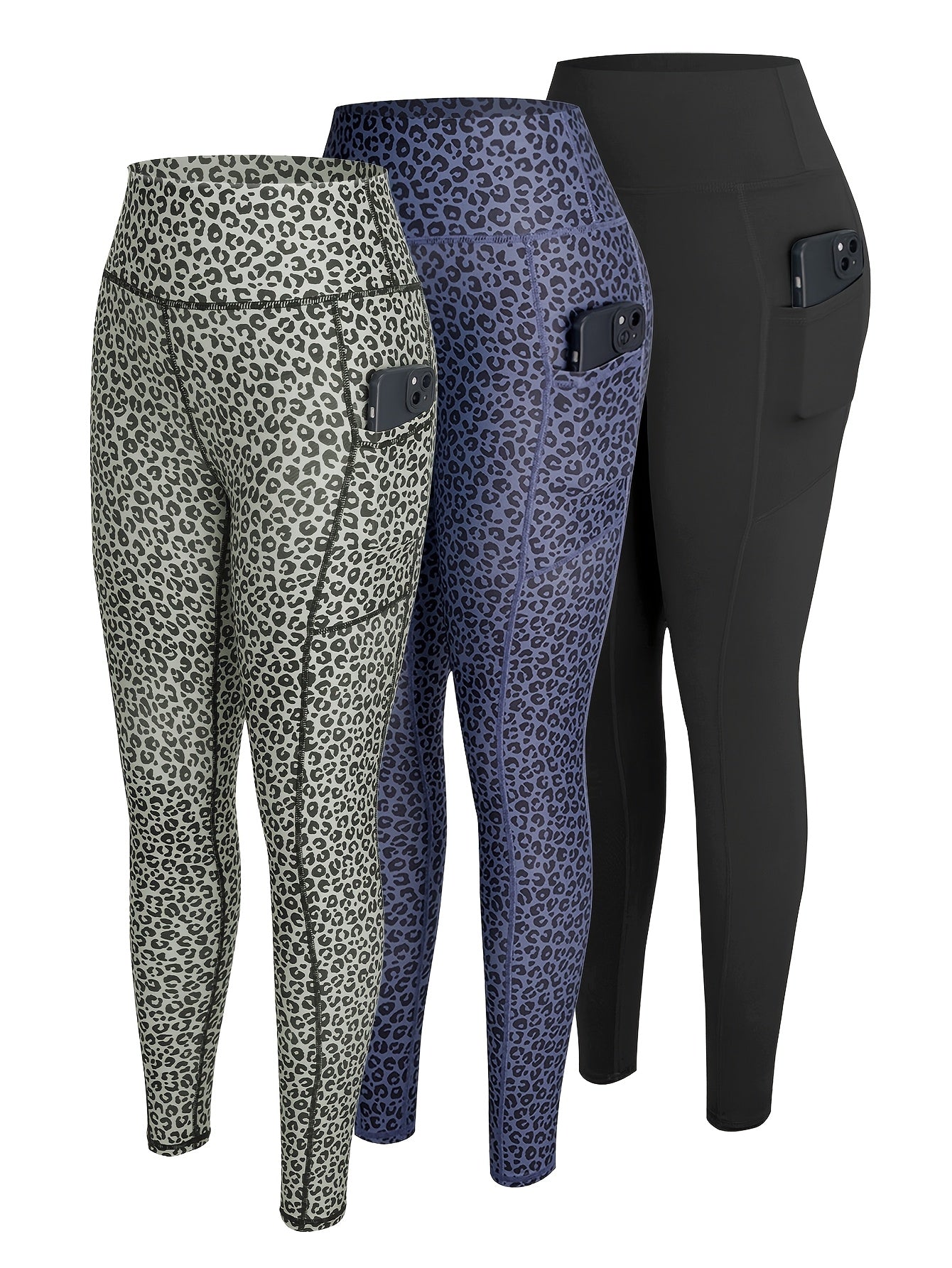 3-Pack Women'S High-Waisted Yoga Pants with Side Pockets - Non-Slip Grip, Stretchy Workout Leggings for Gym, Running, Everyday - All-Season Fitness Pants in Black/Gray/ - Ideal for Yoga, Pilates, Casual Attire, Yoga Leggings,