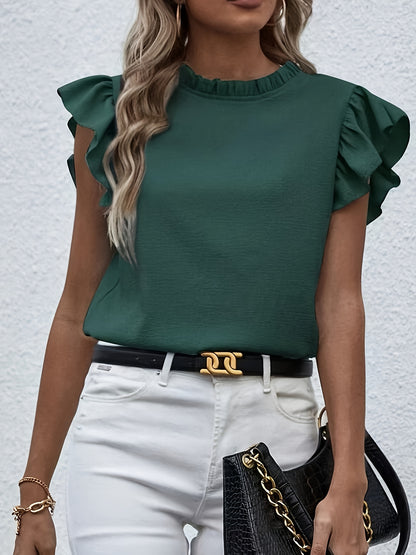 Ruffle Trim Round Neck Blouse, Casual Flutter Sleeve Blouse For Spring & Summer, Women's Clothing Wedding holiday vacation