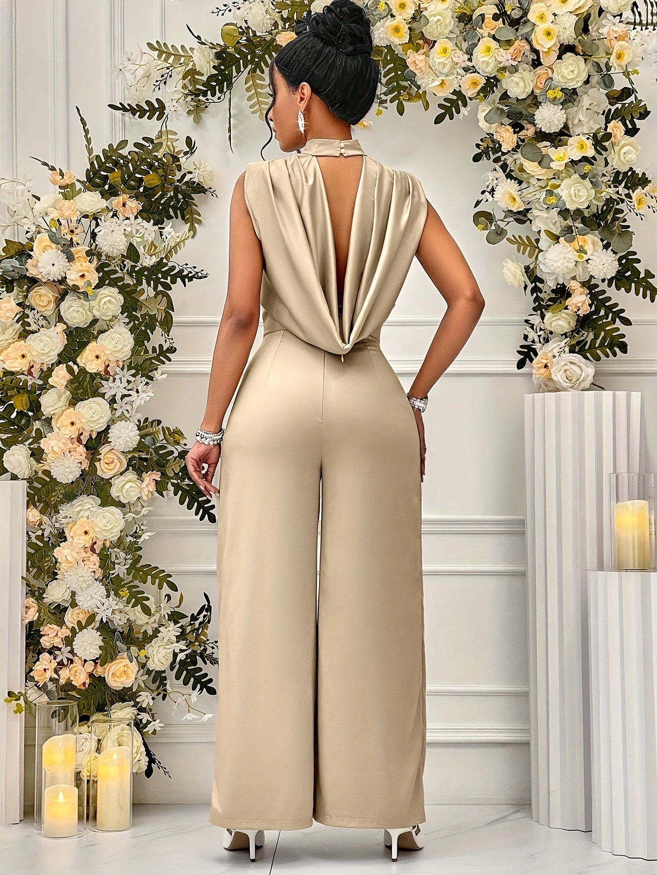 Women's Elegant High-Waisted Sleeveless Wide-Leg Jumpsuit - Beige Stand Collar Non-Stretch Machine Washable All-Season Versatile Outfit for Casual & Formal Events (NS702), Event Clothing | Sophisticated Style | Sophisticated