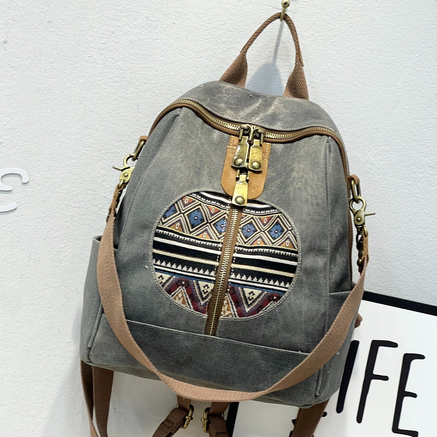 Bohemian Tribal Print Canvas Backpack with Adjustable Straps & Metal Hardware - Convertible Single/Double Shoulder Casual Daypack for Travel, School, Shopping - Zipper Closure & Polyester Lining, Backpack for Travel, Geometri