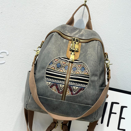 Bohemian Tribal Print Canvas Backpack with Adjustable Straps & Metal Hardware - Convertible Single/Double Shoulder Casual Daypack for Travel, School, Shopping - Zipper Closure & Polyester Lining, Backpack for Travel, Geometri