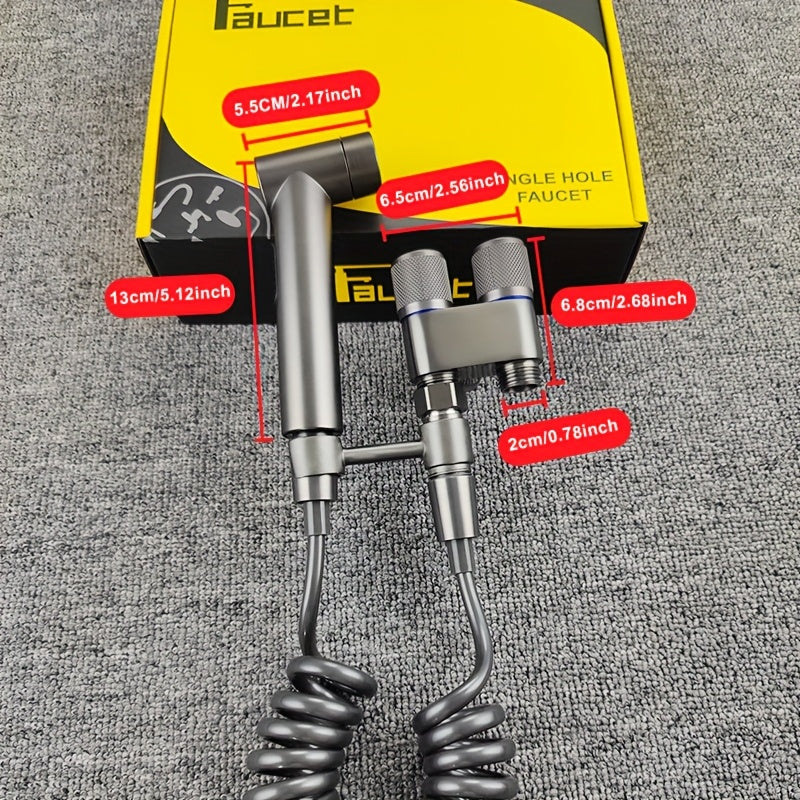 Double control angle valve with one inlet and two outlets, new booster spray gun includes a 2-meter telescopic hose, no-drill bracket. G1/2 interface, easy installation, convenient to use, comes with mounting accessories, no