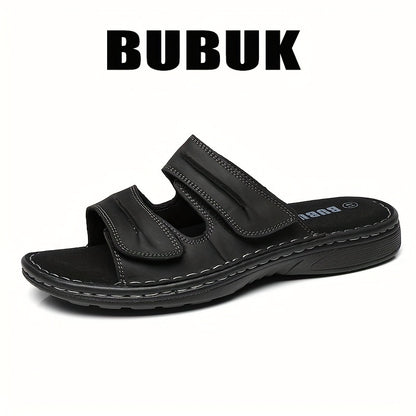 BUBUK Men's Genuine Leather Slip-On Slippers Sandals - Full-Grain Cowhide Upper, Adjustable Strap & Buckle, Black Heavy-Sole (PU/Fabric) for Beach, Casual, Outdoor - Comfortable All-Terrain Walking Shoes - Durable Leather Foo