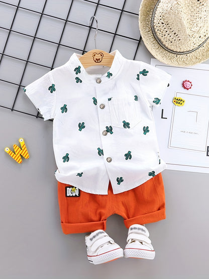 2pcs Baby Boys Dinosaur Print Button Short Sleeve Shirt Top & Elastic Waist Shorts Set Toddler Summer Clothes For Daily & Outdoor Wear