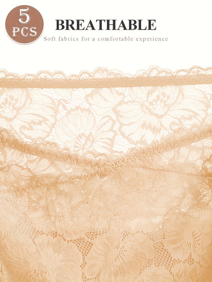 5pcs Women's High-Waisted Tummy Control Briefs - Soft Lace Trim, Butt-Lifting & Tummy Control, Elegant Lace Underwear For Everyday Comfort
