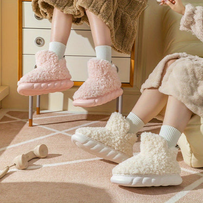 Women's Solid Color Fuzzy Slippers, High-top Round Toe Non-slip Thick Bottom Fluffy Warm Shoes, Winter Cozy Indoor Shoes