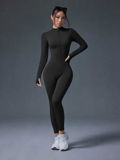 Women's Full-Length Zipper Jumpsuit - Full-Body Compression-like Fit (Tummy Control) - High-Elasticity Slim-Fit Long Sleeve Athleisure Suit for,, Dance - All-Season Outfit ( swear) - Easy-Care (No Bulk) -