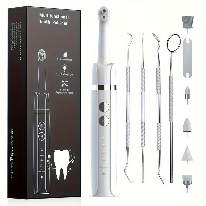 Tooth Polisher, Plaque Remover For Teeth Whitening Dental Tools Electric Tartar Polishing Teeth Cleaning Kit With LED Light 5 Speed Modes With 5 Replacement Brush Heads