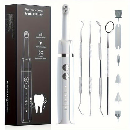 Tooth Polisher, Plaque Remover For Teeth Whitening Dental Tools Electric Tartar Polishing Teeth Cleaning Kit With LED Light 5 Speed Modes With 5 Replacement Brush Heads
