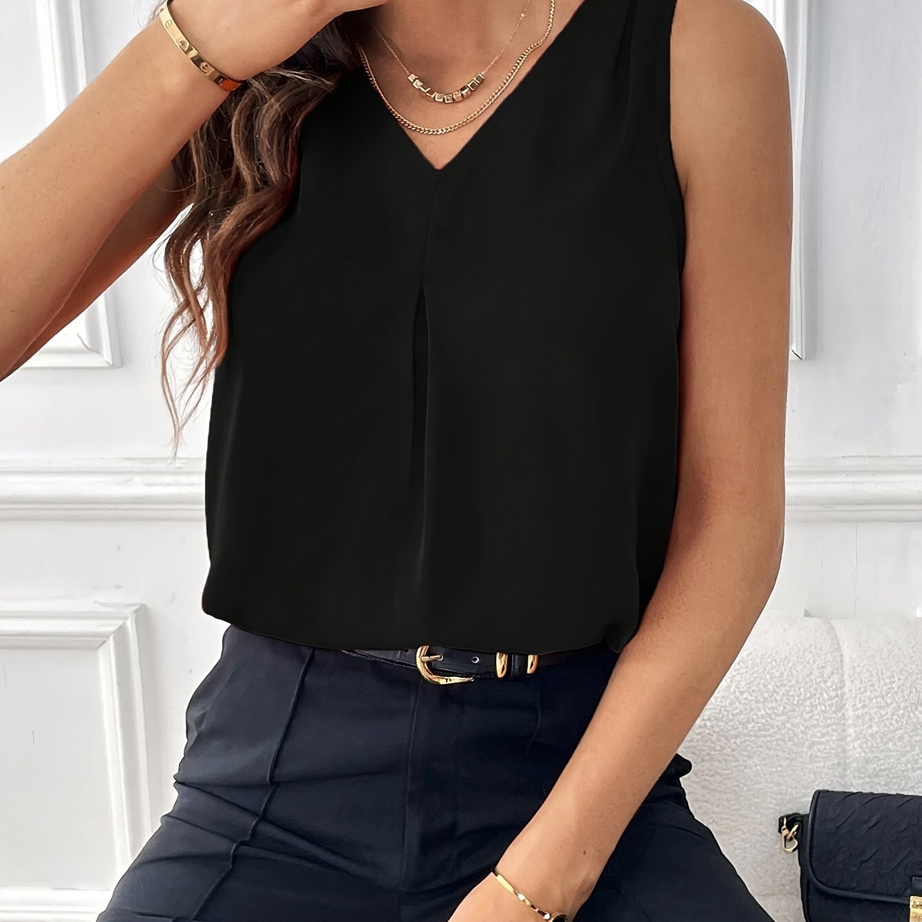 Solid Color V-neck Simple Blouse, Elegant Sleeveless Loose Blouse For Spring & Summer, Women's Clothing