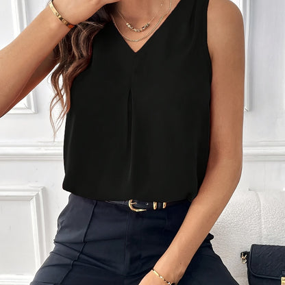 Solid Color V-neck Simple Blouse, Elegant Sleeveless Loose Blouse For Spring & Summer, Women's Clothing