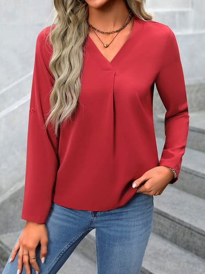 Solid Color V Neck Blouse, Casual Long Sleeve Blouse For Spring & Fall, Women's Clothing