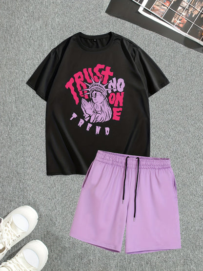Men's Street Style Summer 2PCS Outfits, Male's Trend TRUST Graphic Short-sleeve Crew Neck T-shirt Drawstring Shorts Set, Casual Clothes For Men