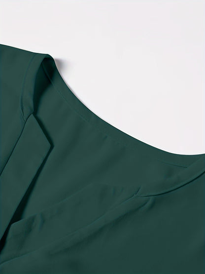 Solid Button Front Blouse, Elegant Long Sleeve Notched Neck Top, Women's Clothing