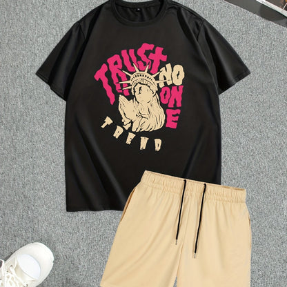 Men's Street Style Summer 2PCS Outfits, Male's Trend TRUST Graphic Short-sleeve Crew Neck T-shirt Drawstring Shorts Set, Casual Clothes For Men