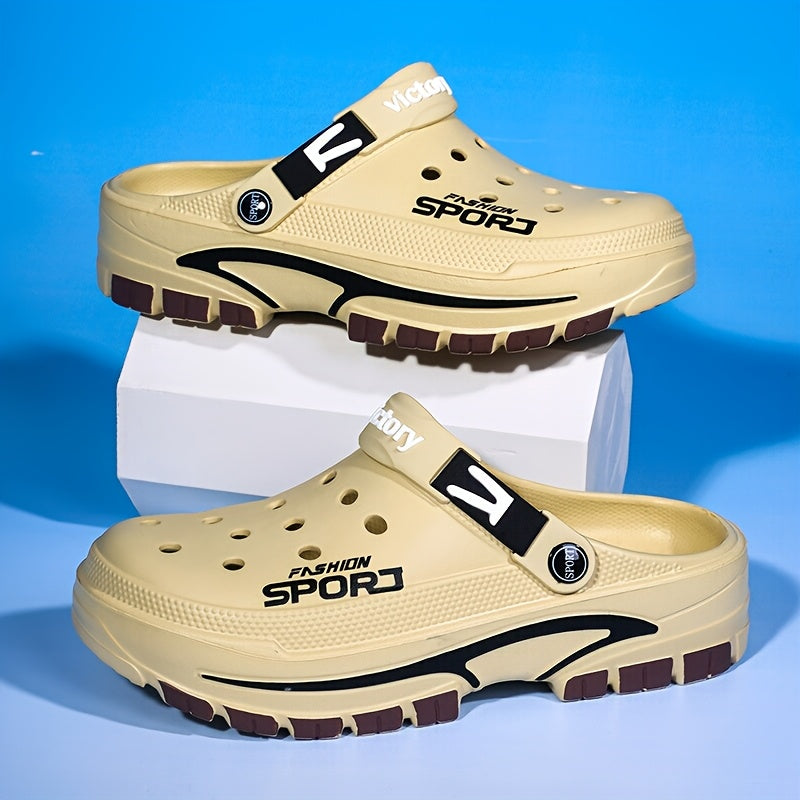 2025 Summer Men'S Lightweight Breathable Slip-On Clogs - Durable EVA Beach Shoes with Ventilation Holes, Black & Orange Design for Casual Casual Attire, Summer Footwear | Trendy Slipon Shoes | Lightweight Footwear