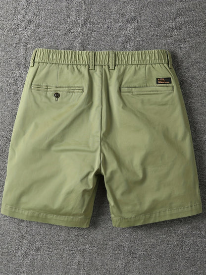 Men's Summer Micro-Elastic Casual Shorts - Four-Tenths Length, Olive Green, Mid-Rise Waist, Elastic Waistband, Side Pockets, Lightweight & Breathable for Casual Attire