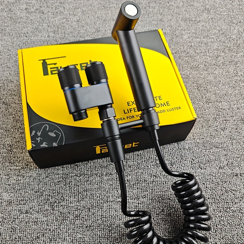 Double control angle valve with one inlet and two outlets, new booster spray gun includes a 2-meter telescopic hose, no-drill bracket. G1/2 interface, easy installation, convenient to use, comes with mounting accessories, no