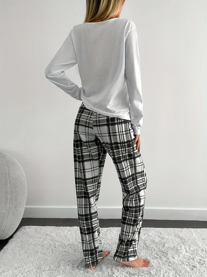 Women'S Cozy Plaid Pajama Set with Heart Print - Long Sleeve Crew Neck Top & Matching Pants, Soft & Comfortable for Fall/Winter, Casual Sleepwear, Casual Sleepwear|Plaid Pattern|Soft Fabric