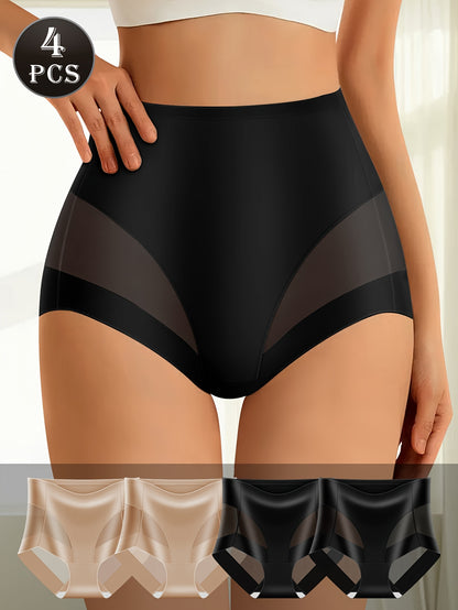 4pcs QUASTI Women's High Waist Mesh Panties - Breathable, Non-Marking, Tummy Control & Hip Lifting, Nylon Spandex Blend, Elegant French Romantic Design for Daily Wear, Black & Beige
