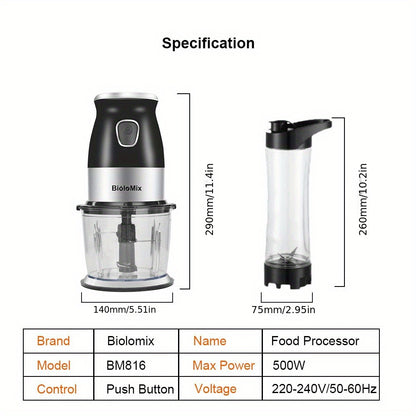 500W Portable Personal Blender Mixer Food Processor with Chopper Bowl 600ml Juicer Bottle Meat Grinder Youngsters Food Maker