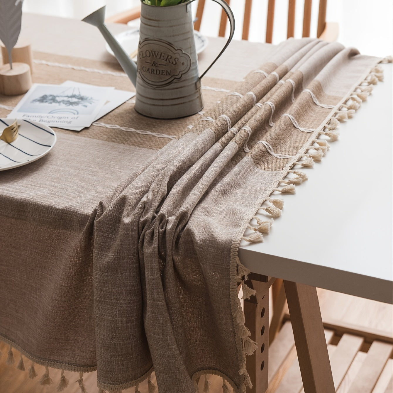 1pc Rustic Tassel Tablecloth - Stain Resistant, Washable, and Perfect for Picnics, Camping, Weddings, Birthday Parties, Thanksgiving, Restaurants, and Buffet - Home Kitchen Decor