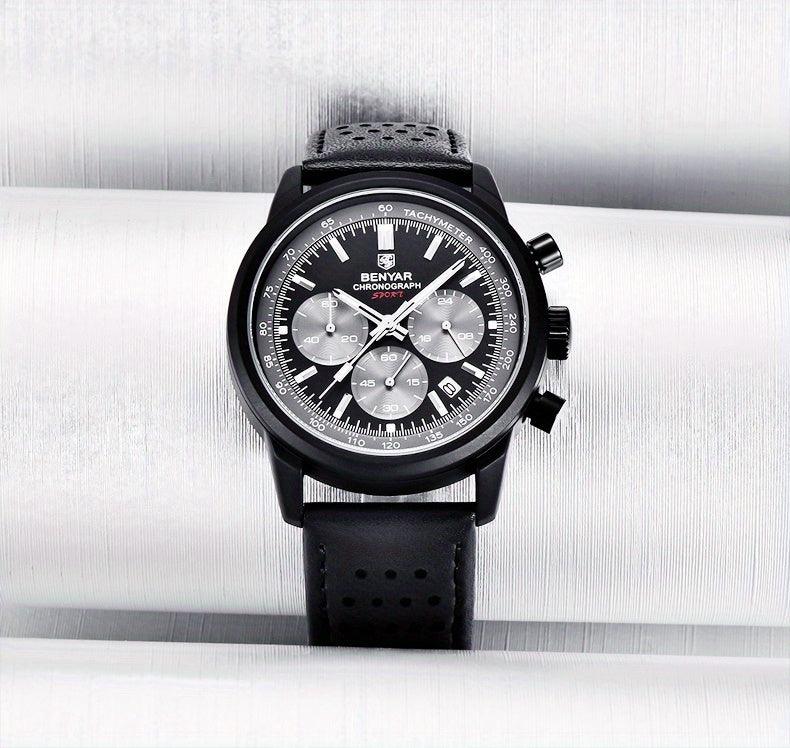 Relógio BENYAR para homem, marca de alta qualidade, desportivo, multifunções, cronógrafo, quartzo, preto, elegante, com calendário e bracelete em pele.
