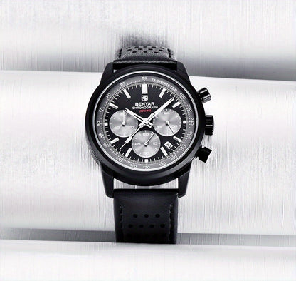 Relógio BENYAR para homem, marca de alta qualidade, desportivo, multifunções, cronógrafo, quartzo, preto, elegante, com calendário e bracelete em pele.