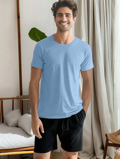 Conjunto de 4 t-shirts casuais para homem de cor sólida, estilo simples, manga curta e gola redonda, ideais para usar em casa, como pijama ou para atividades ao ar livre no verão.