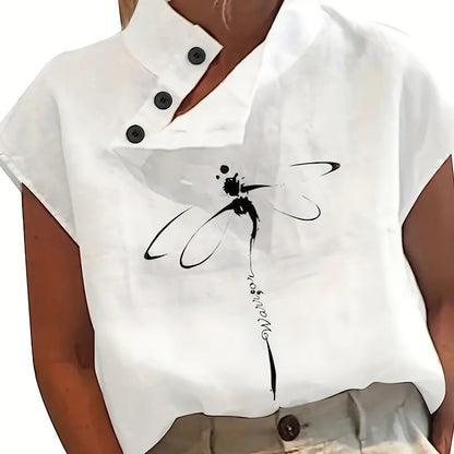 Dragonfly Print Skew Button Blouse, Elegant Short Sleeve Top For Spring & Summer, Women's Clothing